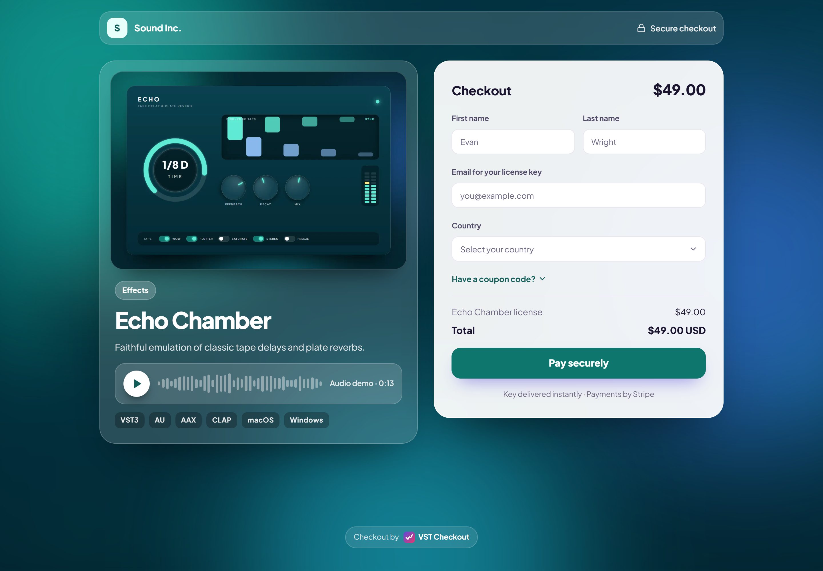Themed checkout page for Echo Chamber