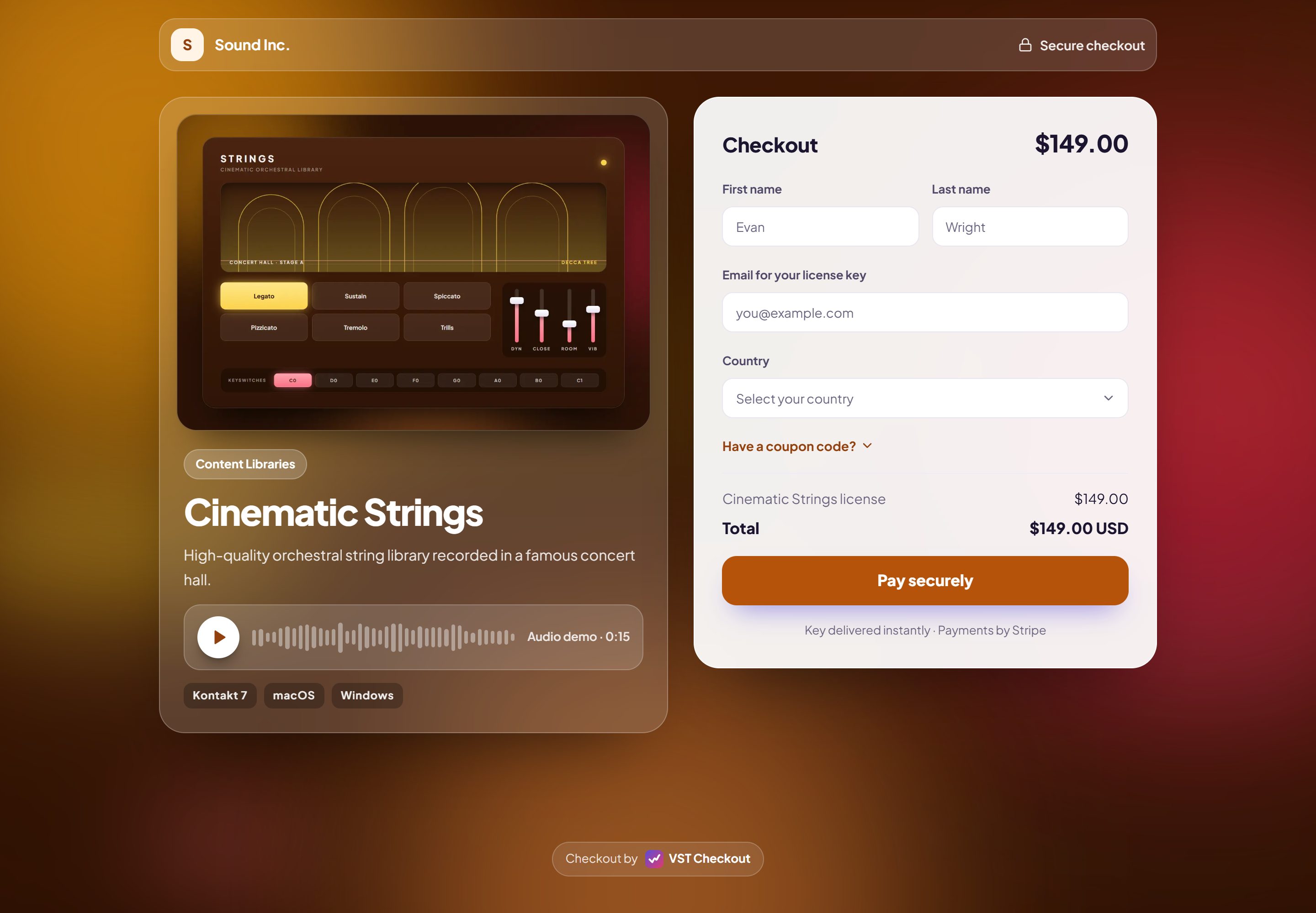 Themed checkout page for Cinematic Strings